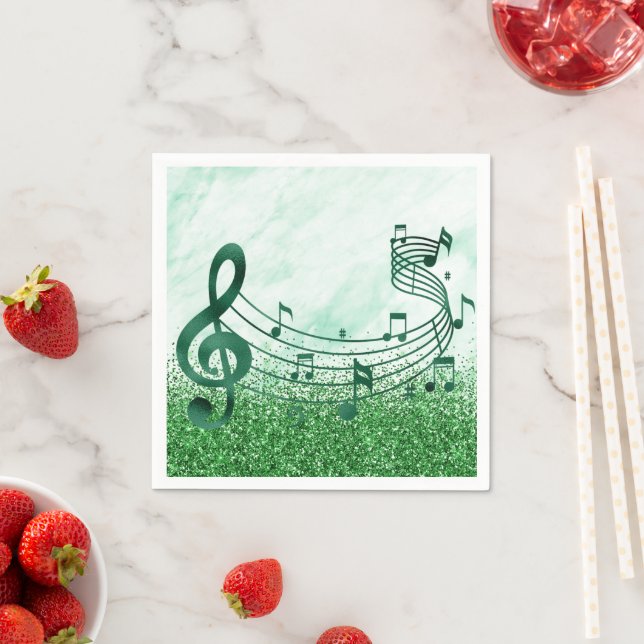 Stylish Treble Clef Musical Notes Green Glitter Napkins (Insitu)