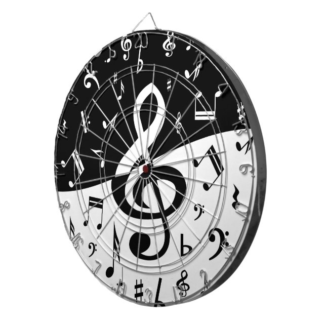 Stylish Treble Clef Wave Black and White Dartboard With Darts (Front Right)
