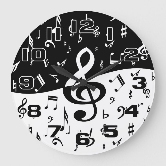 Stylish Treble Clef Wave Black and White Large Clock (Front)