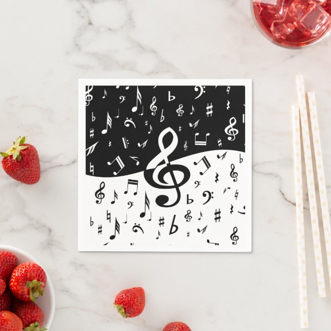 Stylish Treble Clef Wave Black and White Paper Napkins (Insitu)