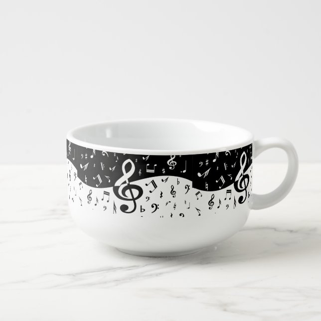 Stylish Treble Clef Wave Black and White Soup Mug (Left)