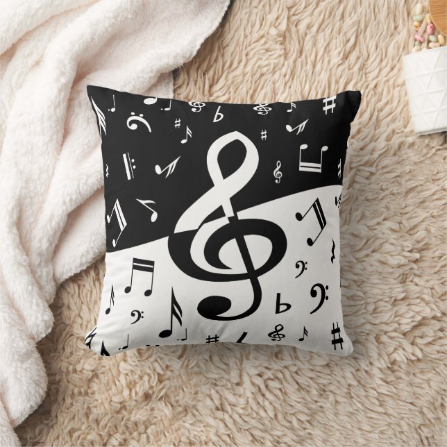 Stylish Treble Clef Wave Black and White Throw Pillow (Blanket)