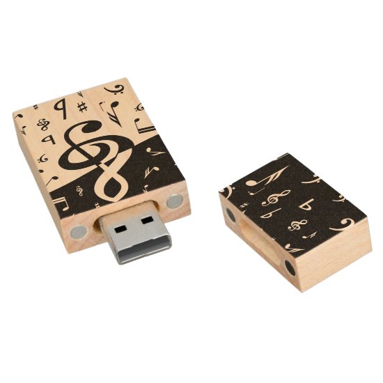 Stylish Treble Clef Wave Black and White Wood Flash Drive