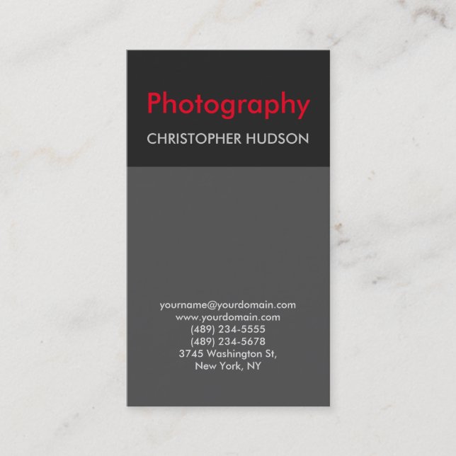 Stylish Trend Red Gray Photography Business Card (Front)