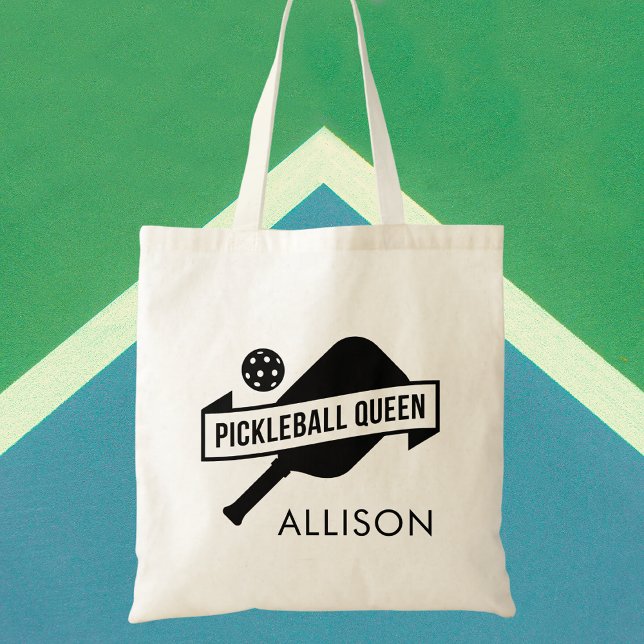 Stylish Trendy Black and White Pickleball Name Tote Bag (Creator Uploaded)