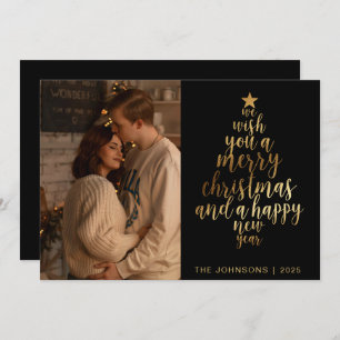 Stylish Trendy Black & Gold Family Photo Christmas Holiday Card
