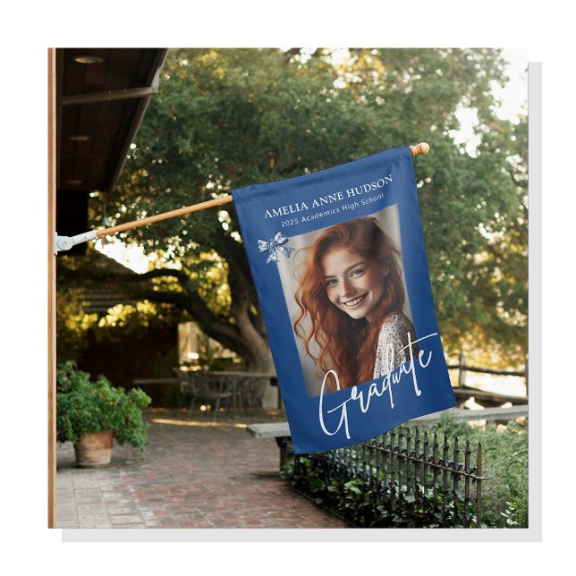 Stylish Trendy Blue Bows 2025 Graduate Photo House Flag (Creator Uploaded)