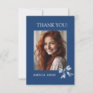 Stylish Trendy Blue Bows Graduation Photo Thank You Card