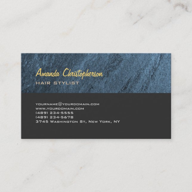 Stylish Trendy Blue Grey Hair Stylist Unique Business Card (Front)