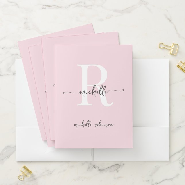 Stylish Trendy Blush Pink Monogram Name Script Pocket Folder (In Situ)