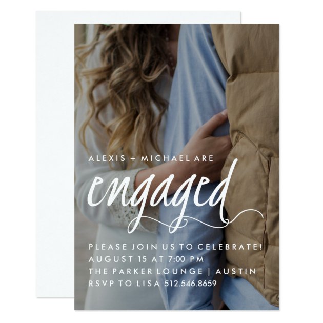 Stylish Trendy Calligraphy Engagement Party Photo Card