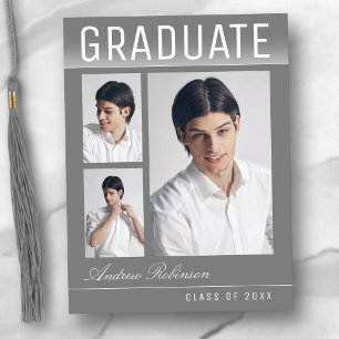 Stylish Trendy Chic 3 Photo Gray Graduation Postcard