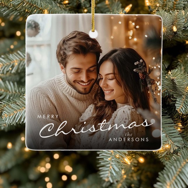 Stylish Trendy Christmas Minimal Cute Couple Photo Ceramic Ornament (Creator Uploaded)