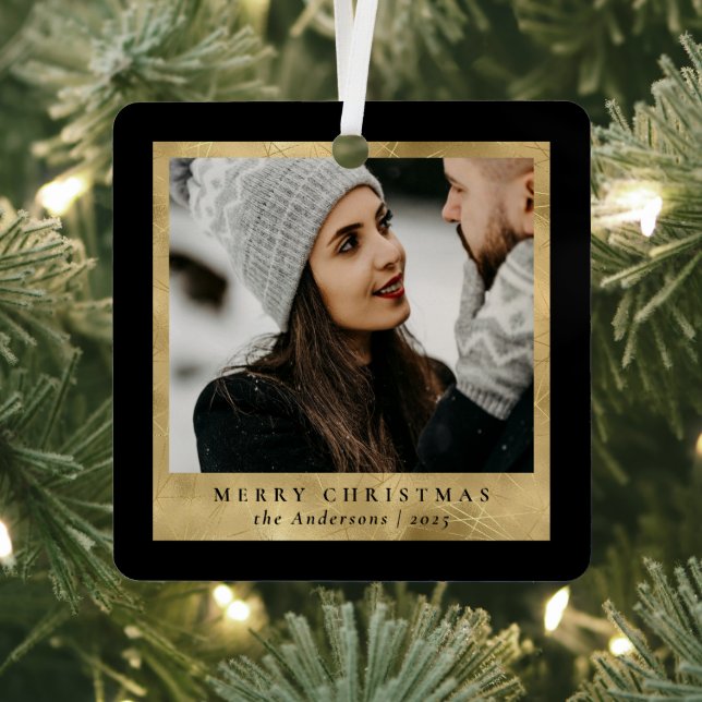 Stylish Trendy Faux Gold Christmas Couple Photo Metal Ornament (Insitu)