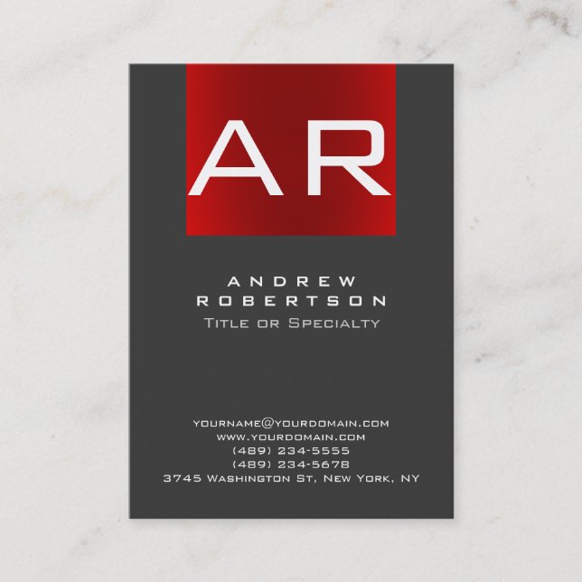 Stylish Trendy Gray Red Monogram Business Card (Front)