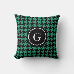 Stylish trendy green houndstooth with monogram throw pillow
