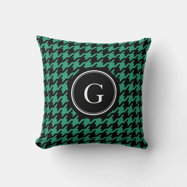 Stylish trendy green houndstooth with monogram throw pillow (Front)