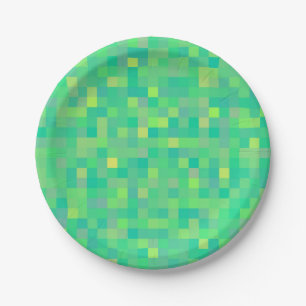Stylish Trendy Green/Yellow Pixel Mosaic Pattern Paper Plates