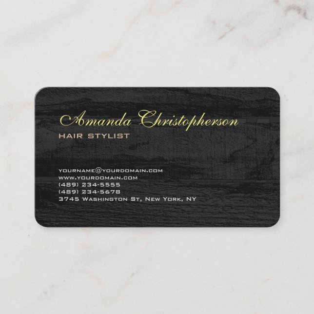 Stylish Trendy Grey Wood Hair Stylist Unique Business Card (Front)