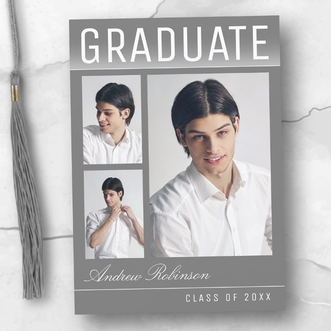Stylish Trendy Modern 3 Photo Gray Graduation Announcement (Creator Uploaded)