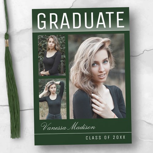 Stylish Trendy Modern 3 Photo Green Graduation Announcement