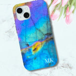 Stylish Trendy Modern Colorful Initial Monogram iPhone 15 Case<br><div class="desc">Elegant and colorful rainbow hued labradorite stone photo makes the perfect backdrop for a simple and modern design. This is a stylish trendy closeup of a real natural labradorite crystal with blue, purple, pink, yellow, and green. Add your initials, or you can remove them if you just want a beautiful...</div>