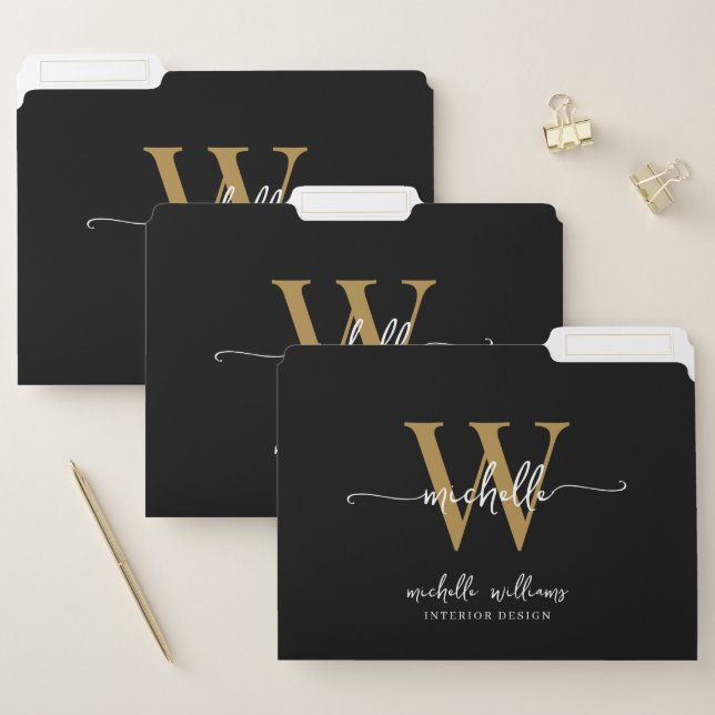 Stylish Trendy Monogram Name Script Black Gold  File Folder (Set)