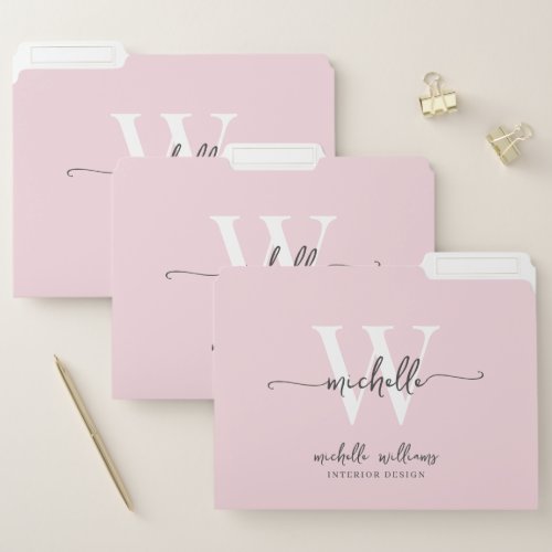 Stylish Trendy Monogram Name Script Blush Pink File Folder