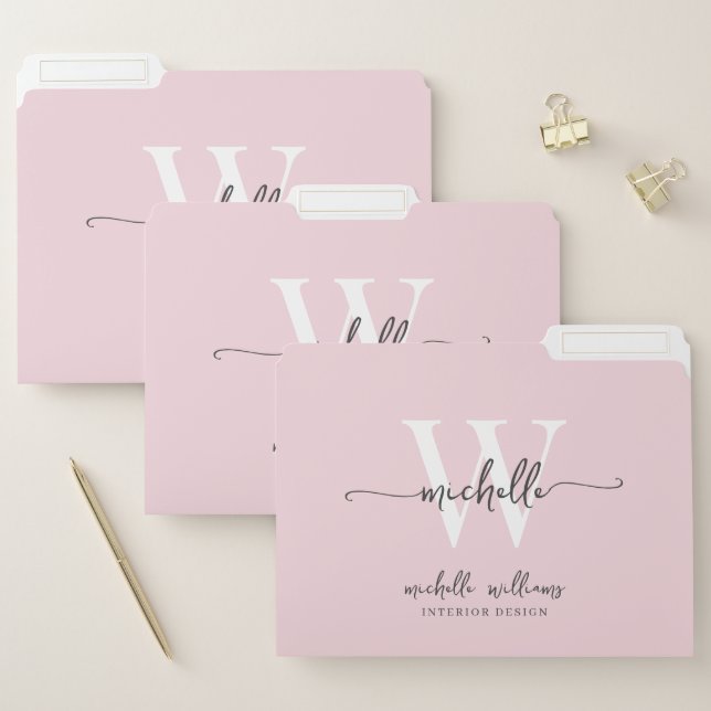 Stylish Trendy Monogram Name Script Blush Pink File Folder (Set)