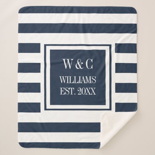 Stylish Trendy Monogram Navy Blue White Stripe Sherpa Blanket