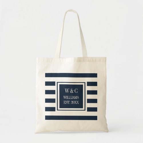 Stylish Trendy Monogram Navy Blue White Stripe Tote Bag