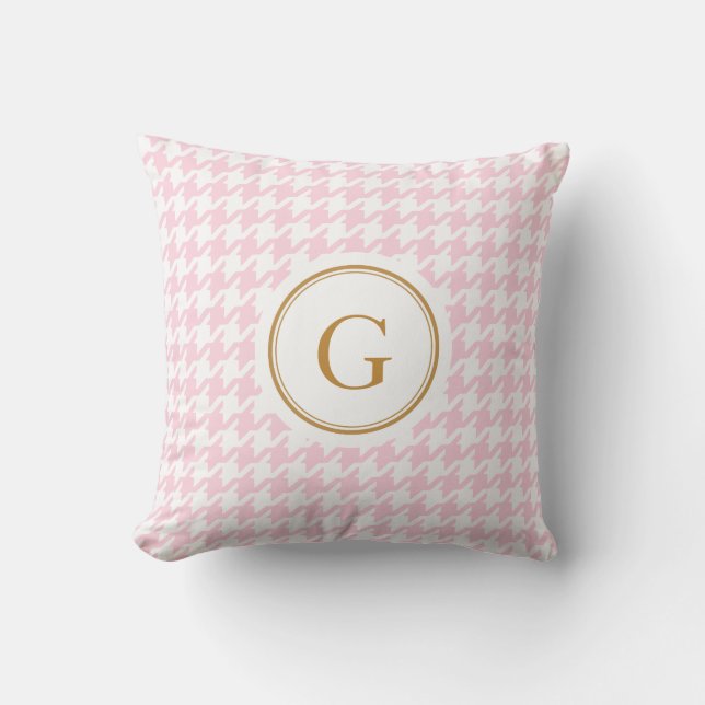 Stylish trendy pink houndstooth with monogram throw pillow (Front)