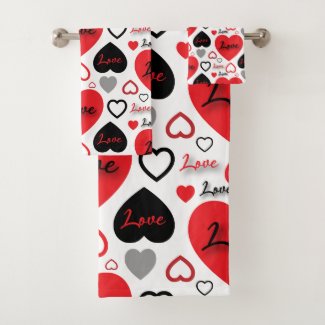 Stylish Trendy Red And Black Love Hearts Pattern Bath Towel Set