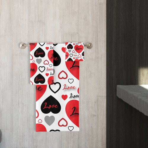 Stylish Trendy Red And Black Love Hearts Pattern Bath Towel Set
