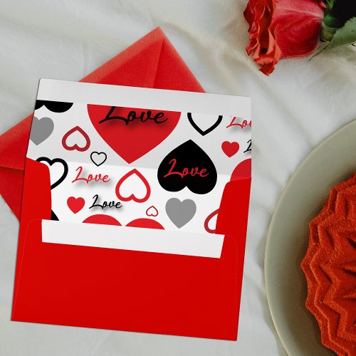 Stylish Trendy Red and Black Love Hearts Pattern Envelope