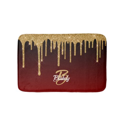 Stylish Trendy Red Gold Glitter Drip Monogrammed Bath Mat