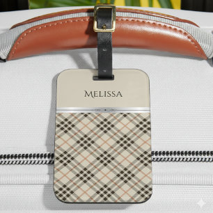 Stylish Trendy Travel Beige Plaid Monogram Luggage Tag