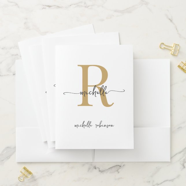 Stylish Trendy White Gold Monogram Name Script Pocket Folder (In Situ)