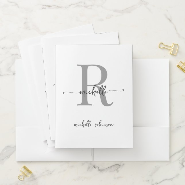 Stylish Trendy White Gray Monogram Name Script Pocket Folder (In Situ)