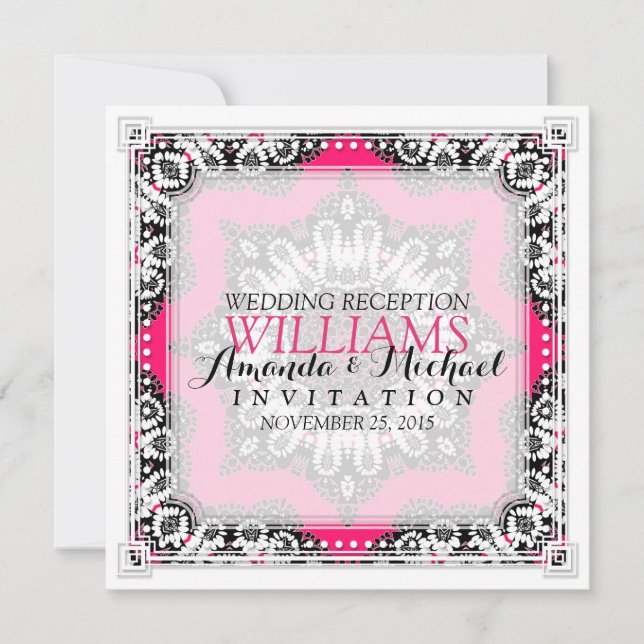 Stylish Tribal Hot Pink+Black Wedding Invitations (Front)