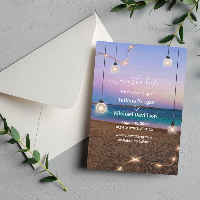 stylish tropical beach lights save the date card (Creator Uploaded)