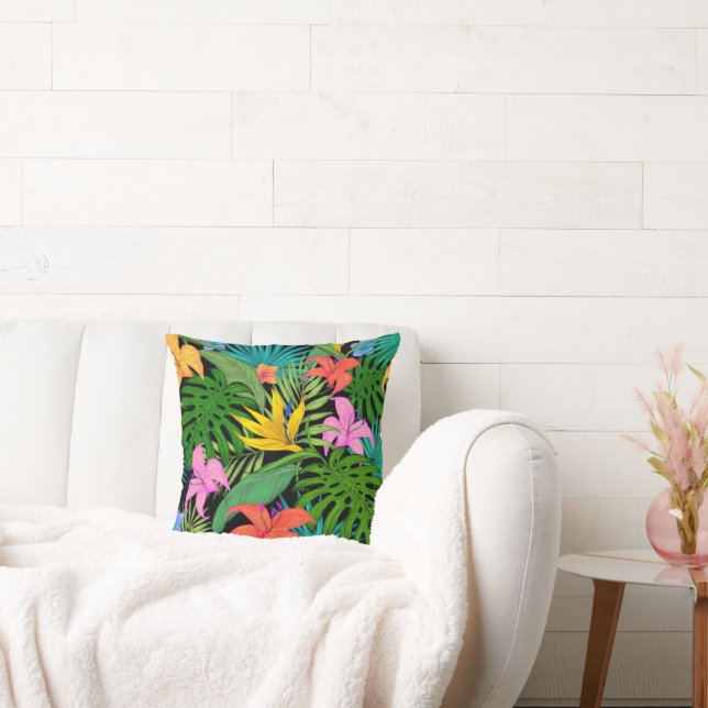 Stylish Tropical Flowers and Leaves Throw Pillow (Couch)