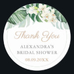 Stylish Tropical Foliage Wedding Shower Favor Classic Round Sticker<br><div class="desc">This Bridal Shower or Baby Shower party stationery range was inspired by a luxury rainforest lodge experience. This thank you favor sticker design features abundant tropical foliage teamed with watercolor white orchids. All of the text is customizable to your needs.</div>