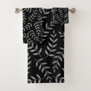Stylish Tropical Gray Leaves on Black Bath Towel Set