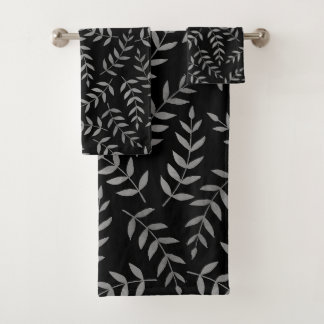 Stylish Tropical Gray Leaves on Black Bath Towel Set
