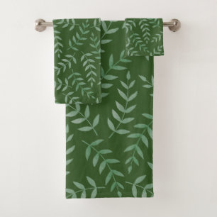 Stylish Tropical Green Leaves on Forest Green Bath Towel Set