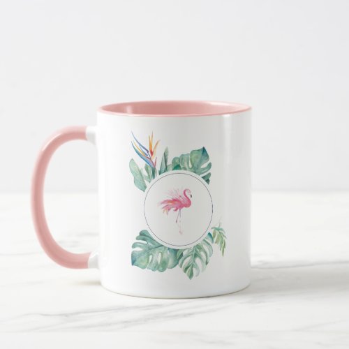 Stylish Tropical Greenery and Pink Flamingo Mug