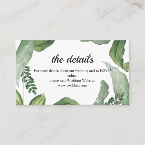 Stylish tropical greenery Beach Wedding Details Enclosure Card