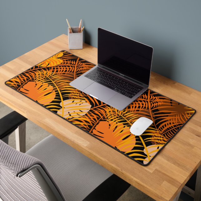 Stylish Tropical Leaf Orange Black Botanical  Desk Mat (Office 2)