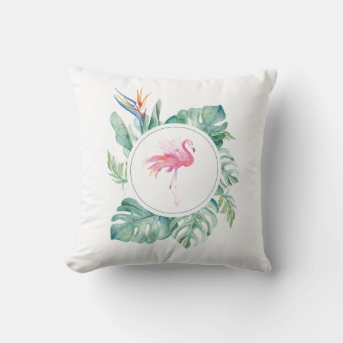 Stylish Tropical Leaves and Pink Flamingo Throw Pillow